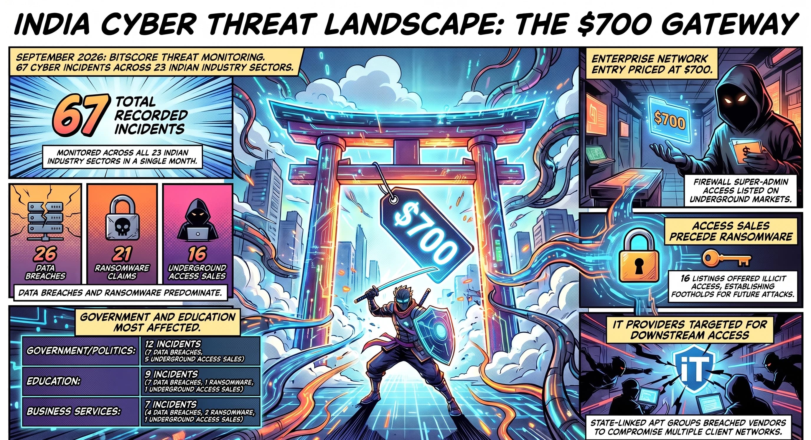 India cyber threat landscape: the $700 gateway. September 2026, BitScore Threat Monitoring: 67 cyber incidents across 23 Indian industry sectors — 26 data breaches, 21 ransomware claims and 16 underground access sales. Government and Education most affected: Government/Politics 12 incidents (7 data breaches, 5 underground access sales), Education 9 (7 data breaches, 1 ransomware, 1 underground access sale), Business Services 7 (4 data breaches, 2 ransomware, 1 underground access sale). Firewall super-admin access listed on underground markets for $700. Access sales precede ransomware. IT providers targeted for downstream access.