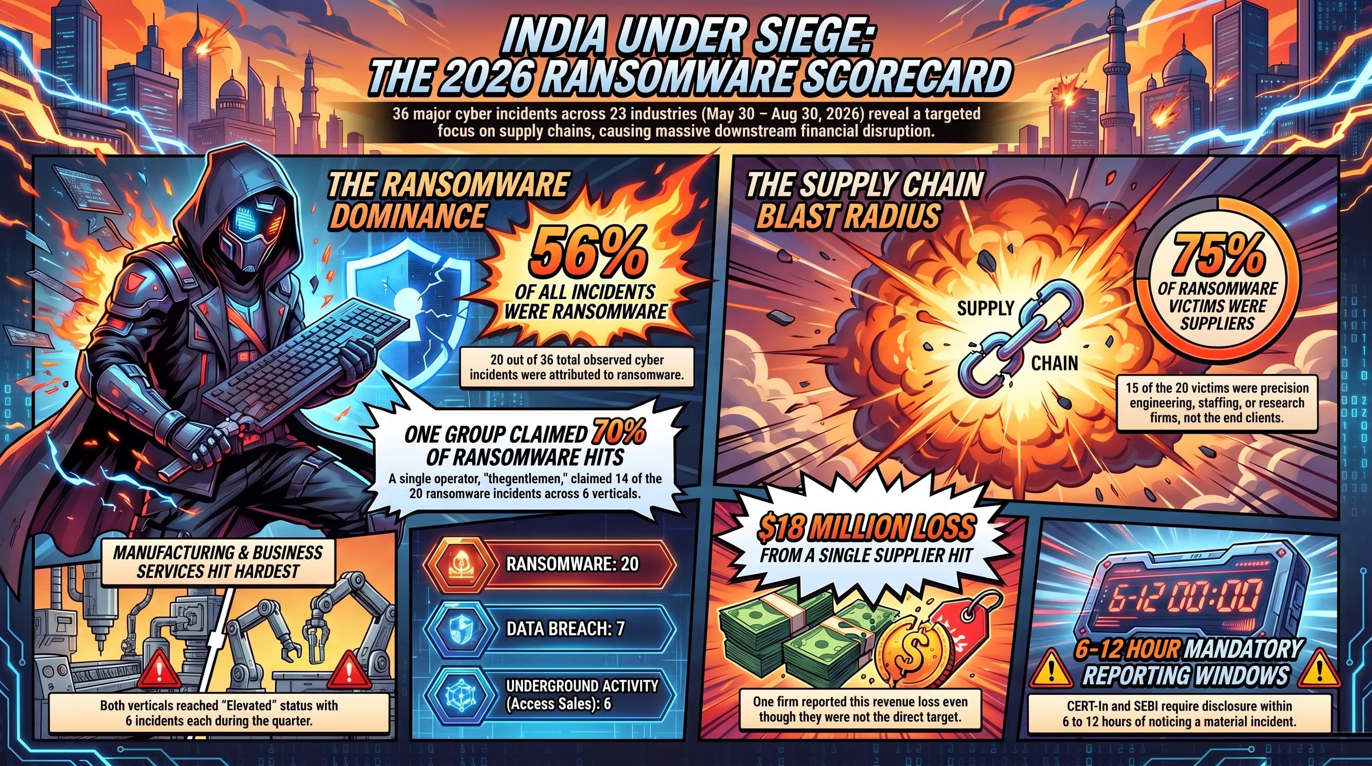 India Under Siege: the 2026 Ransomware Scorecard. Thirty-six major cyber incidents across 23 industries, 30 May to 30 August 2026, with a targeted focus on supply chains. Ransomware dominance: 56% of all incidents were ransomware — 20 of the 36 observed. One group claimed 70% of ransomware hits: a single operator, thegentlemen, took 14 of the 20 incidents across six verticals. Manufacturing and Business Services were hit hardest, both reaching Elevated on six incidents each. By category: ransomware 20, data breach 7, underground activity or access sales 6. The supply chain blast radius: 75% of ransomware victims were suppliers — 15 of the 20 were precision engineering, staffing or research firms rather than the end clients. An $18 million loss followed a single supplier hit, reported by a firm that was not the direct target. CERT-In and SEBI require disclosure within 6 to 12 hours of noticing a material incident.