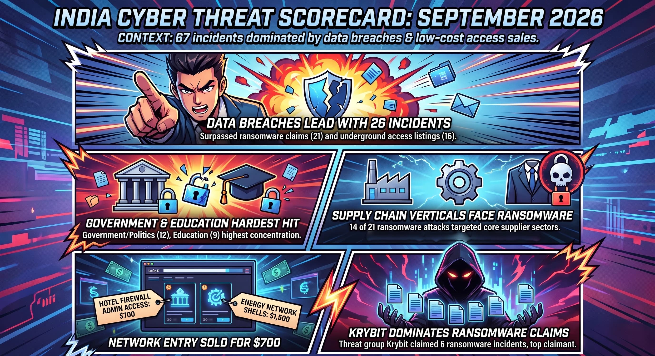 India Cyber Threat Scorecard, September 2026. Context: 67 incidents dominated by data breaches and low-cost access sales. Data breaches lead with 26 incidents, ahead of ransomware claims (21) and underground access listings (16). Government and Education hardest hit: Government/Politics 12, Education 9. Supply-chain verticals face ransomware: 14 of 21 ransomware attacks targeted core supplier sectors. Network entry sold for $700: hotel firewall admin access at $700, energy network shells at $1,500. Krybit dominates ransomware claims: the threat group claimed 6 ransomware incidents, the most of any group.